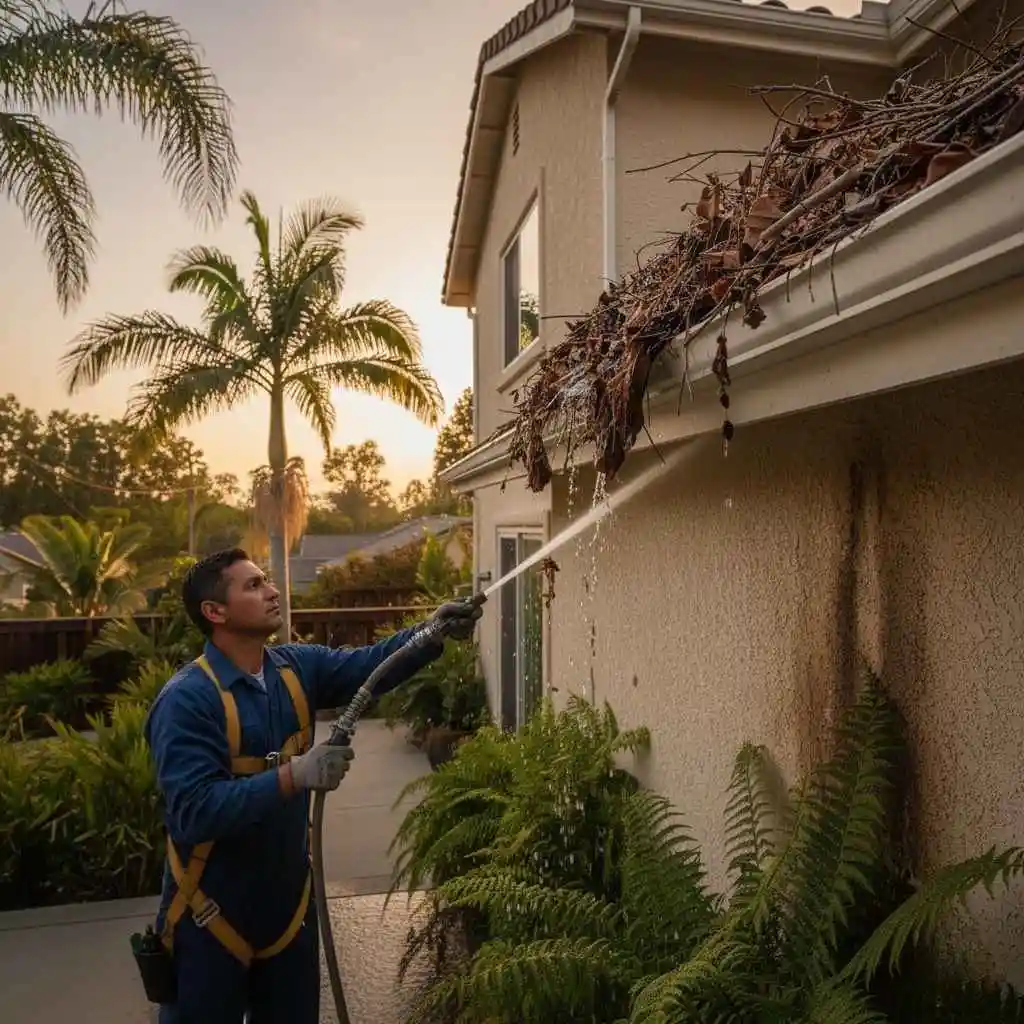 Professional technician cleaning a home gutter in LA.