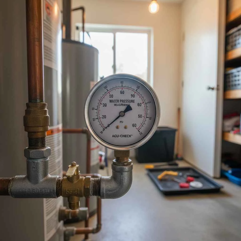 Residential water pressure gauge attached to plumbing in a Reseda home