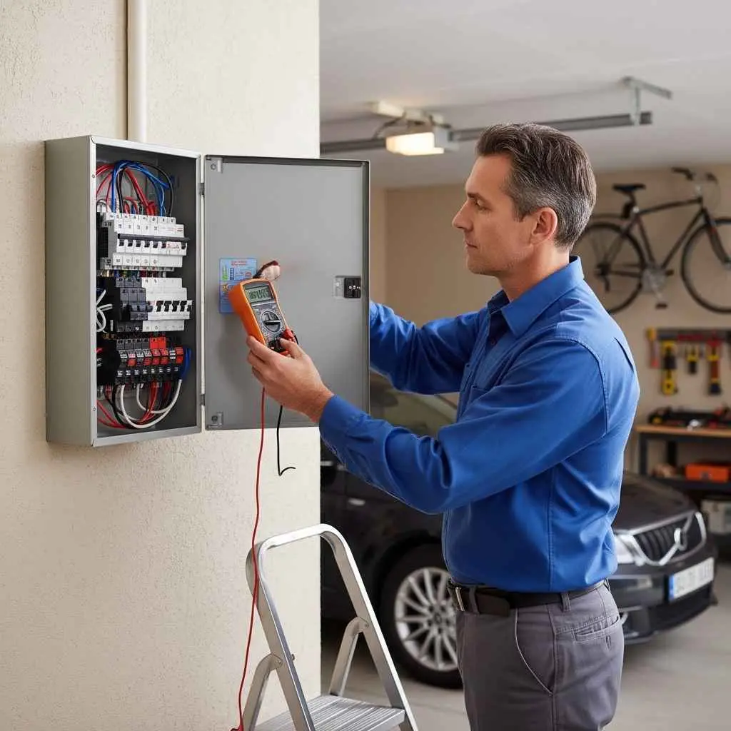 Electrician inspecting a residential breaker panel