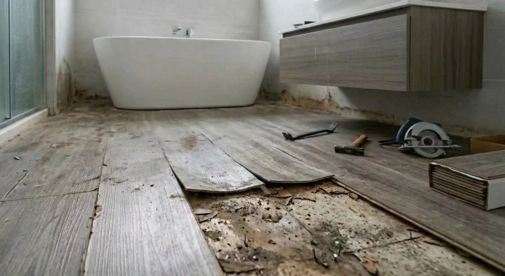 damaged bathroom floor before replacement