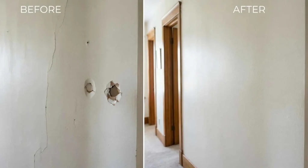 drywall patch repair before and after completion.