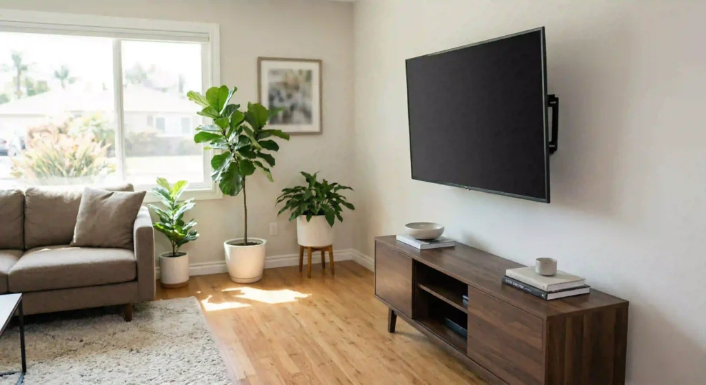 wall-mounted TV in modern living room (no people)