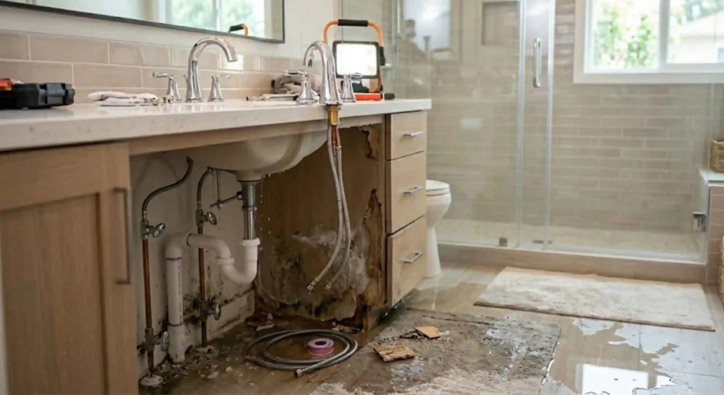 water damage under sink cabinet 
