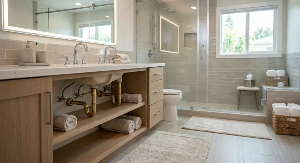 clean modern kitchen or bathroom with new fixtures