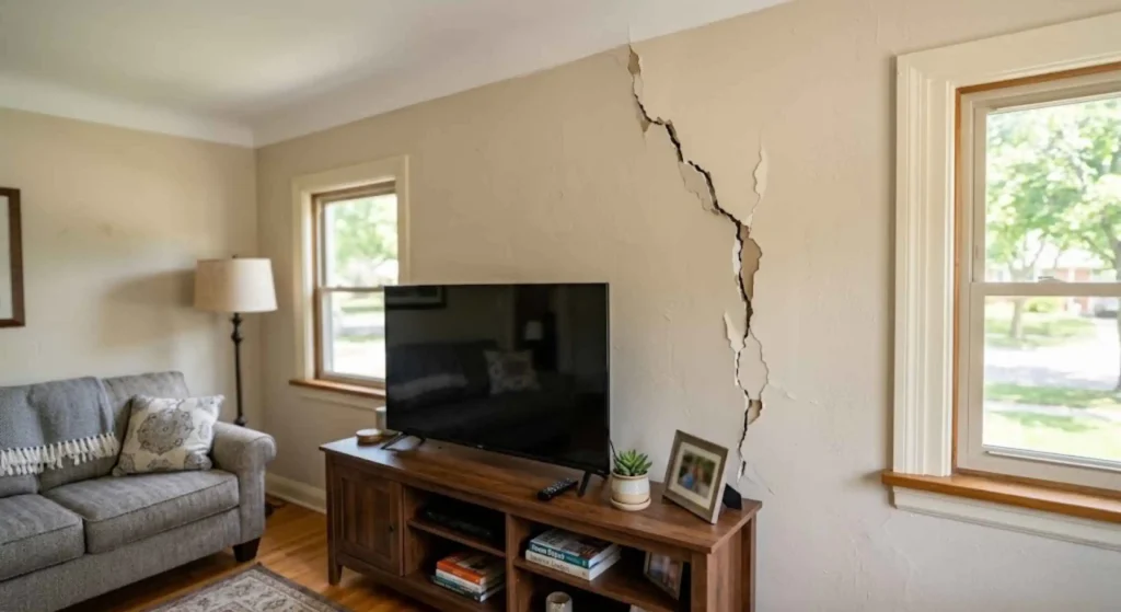 cracked drywall in a living room