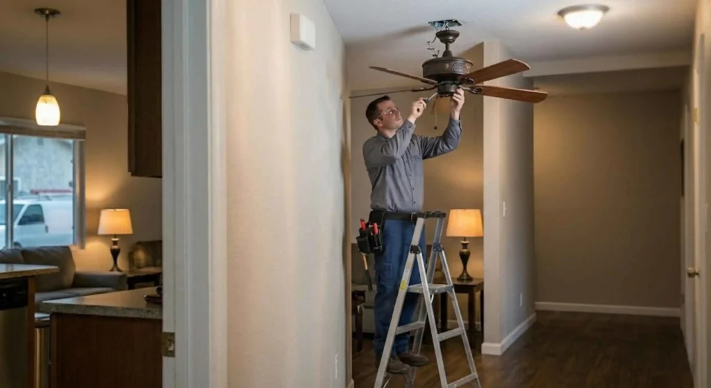 technician installing ceiling fan or light fixture