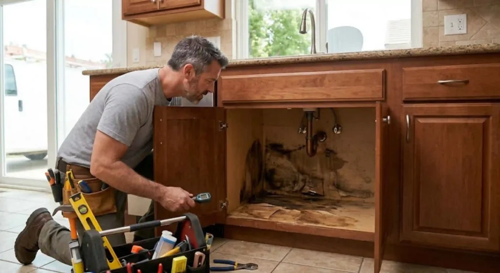 water damage under sink cabinet