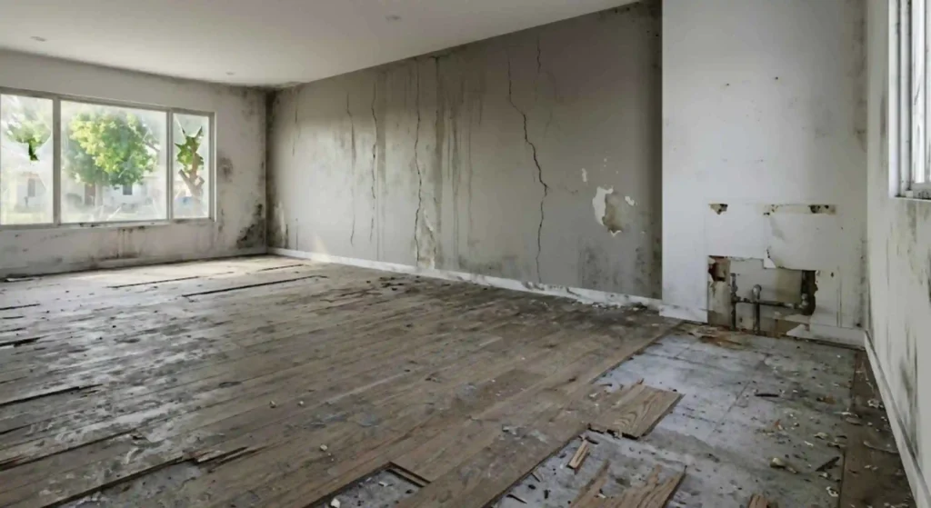  worn-out flooring and damaged walls