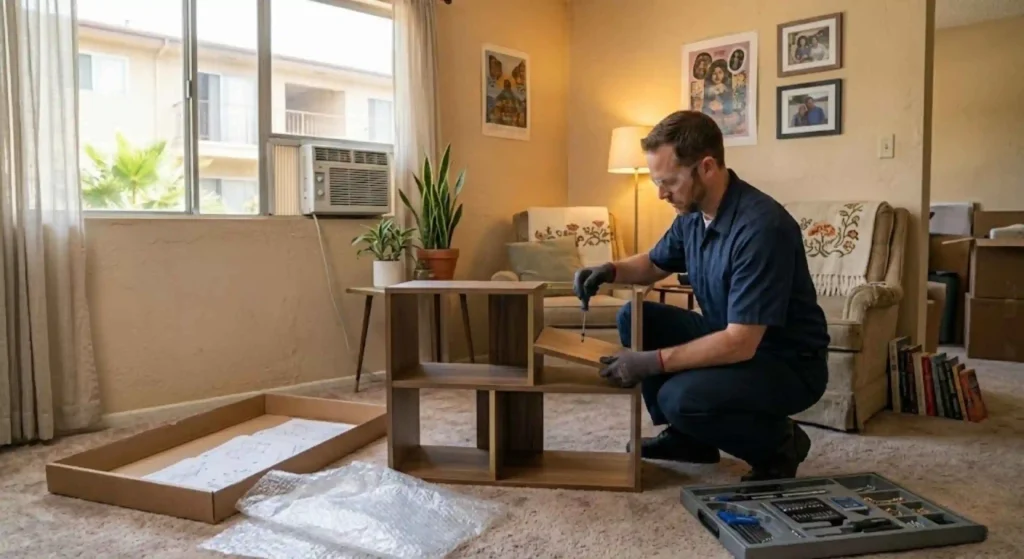 Handyman assembling furniture in Reseda apartment