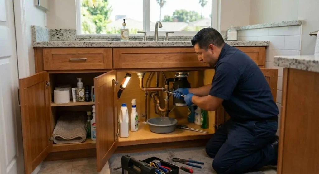 Plumber repairing leak beneath bathroom sink in Reseda home