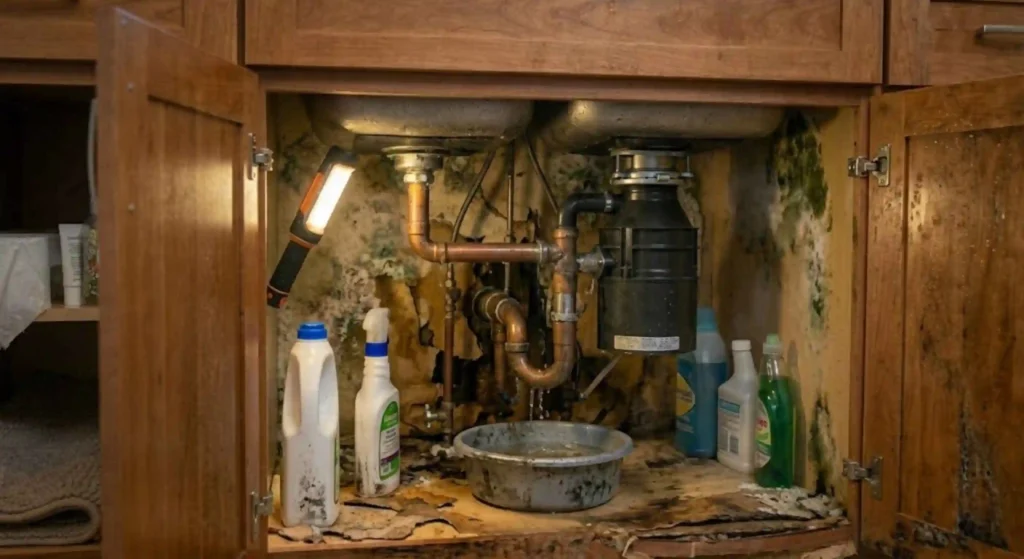 Water-damaged bathroom cabinet caused by hidden leak