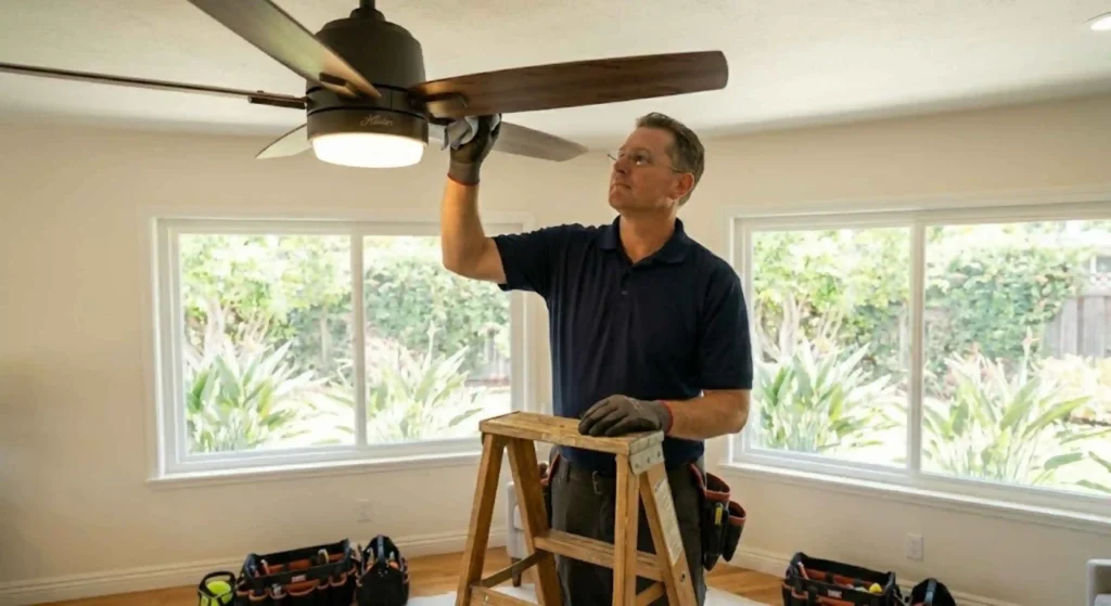 Finished ceiling fan and LED light fixture installation in Tarzana