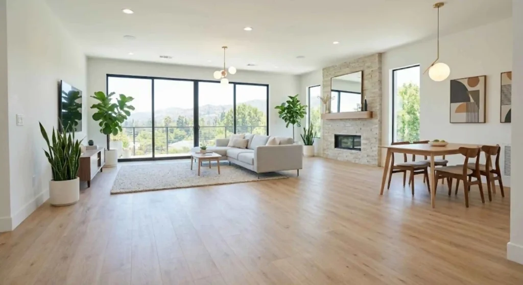 Modern laminate flooring installed in bright Tarzana home interior