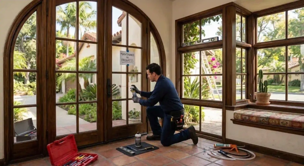 Handyman completing window and door maintenance in a Tarzana home