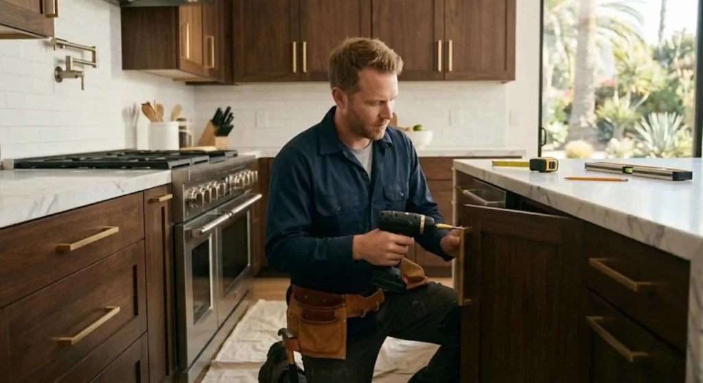 Handyman installing modern cabinet handles in a Tarzana kitchen