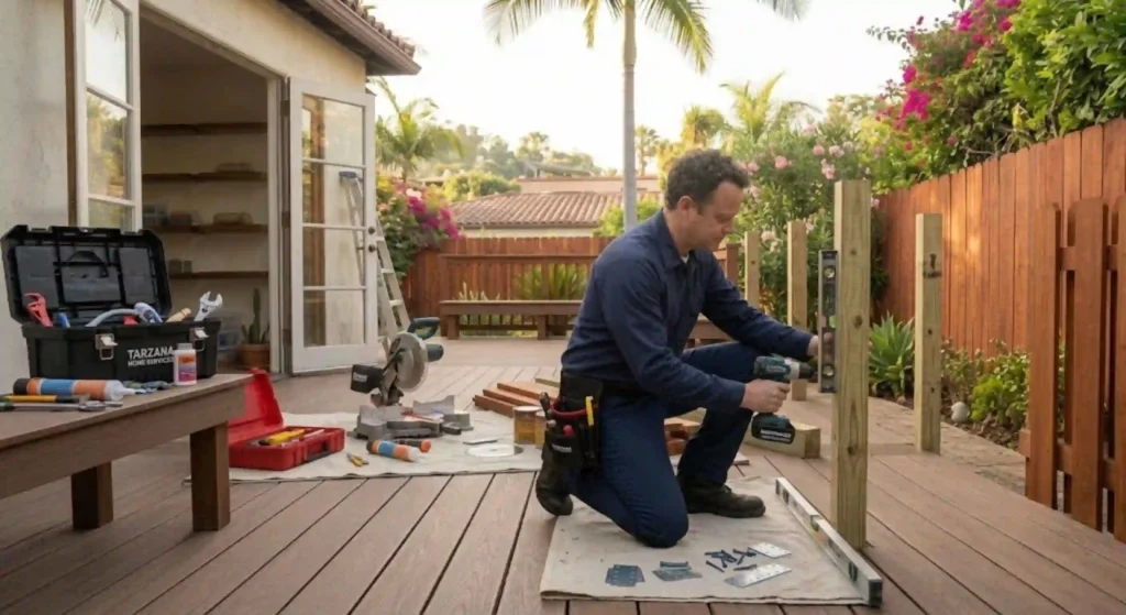 Handyman reinforcing a backyard fence in Tarzana