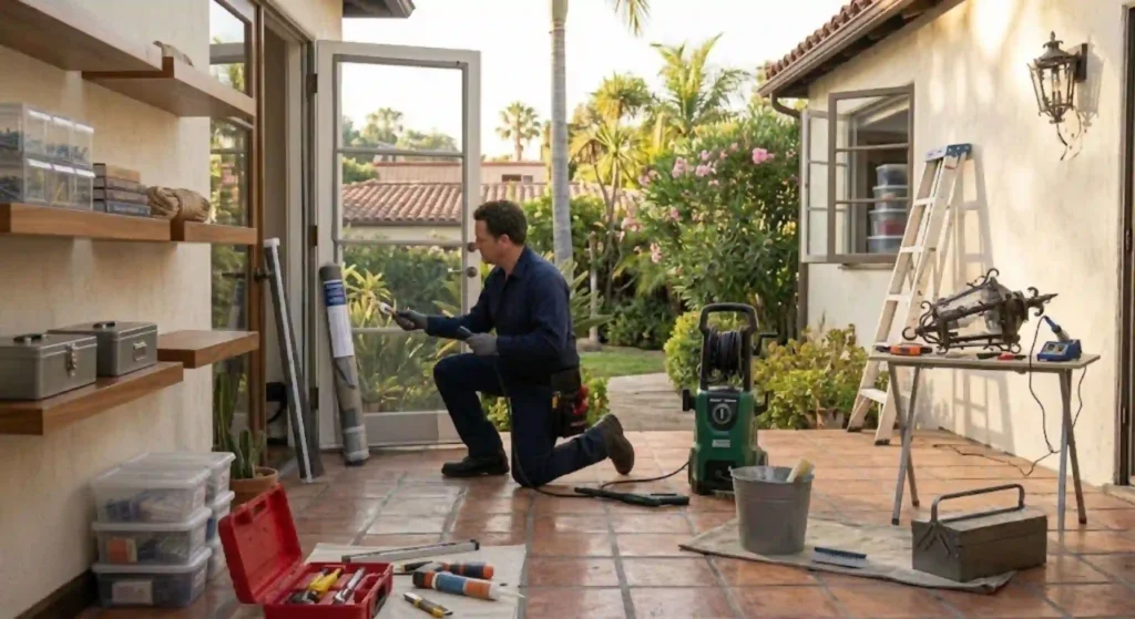 Professional handyman completing home maintenance tasks in a Tarzana residence