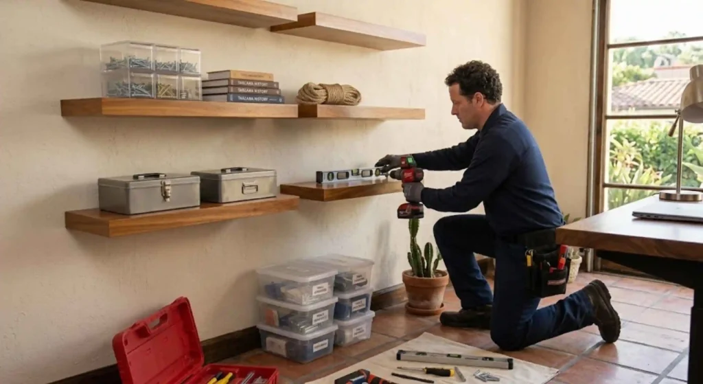 Professional handyman installing floating shelves in a Tarzana home office