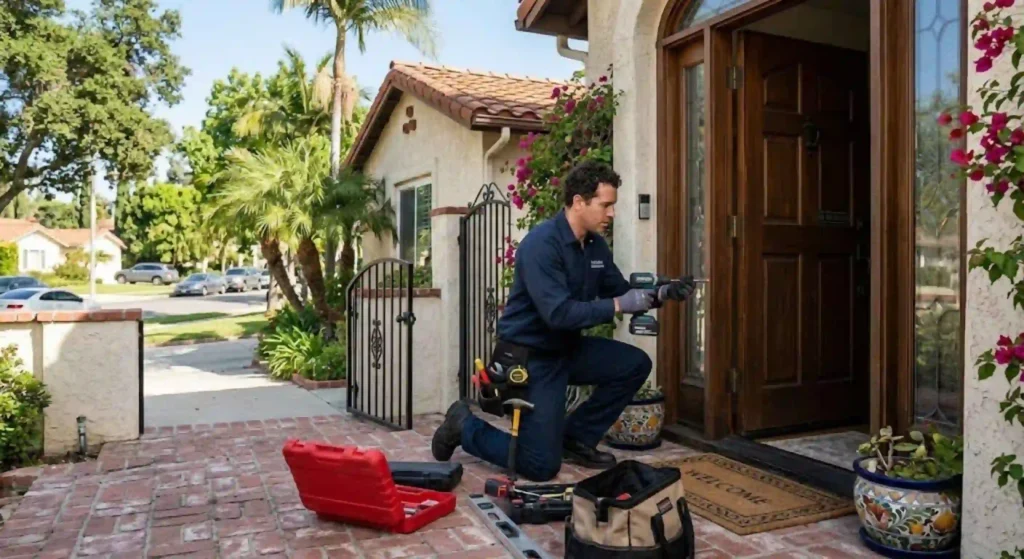 Professional handyman repairing a residential entry door in Tarzana