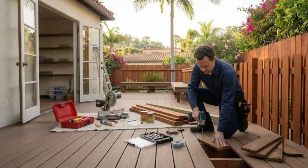Professional handyman repairing a wooden backyard deck in Tarzana
