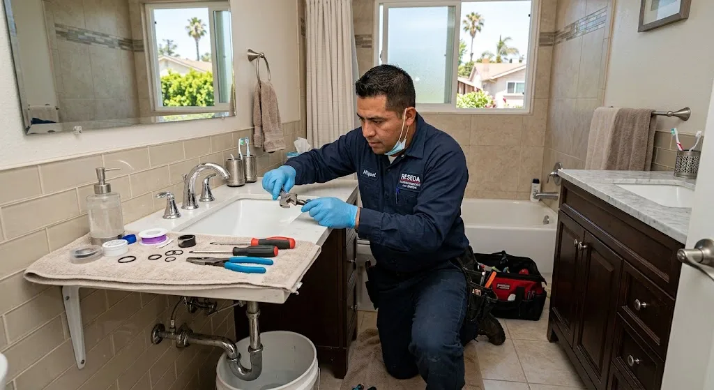 Handyman repairing a leaking bathroom faucet in Reseda