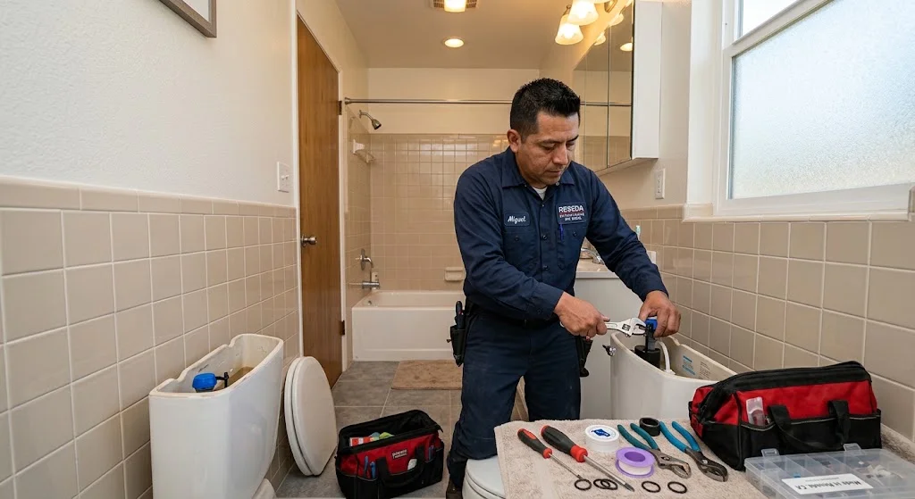 Professional toilet repair technician working in a Reseda bathroom