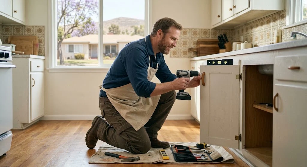 Local handyman completing a small home repair project in a Reseda house