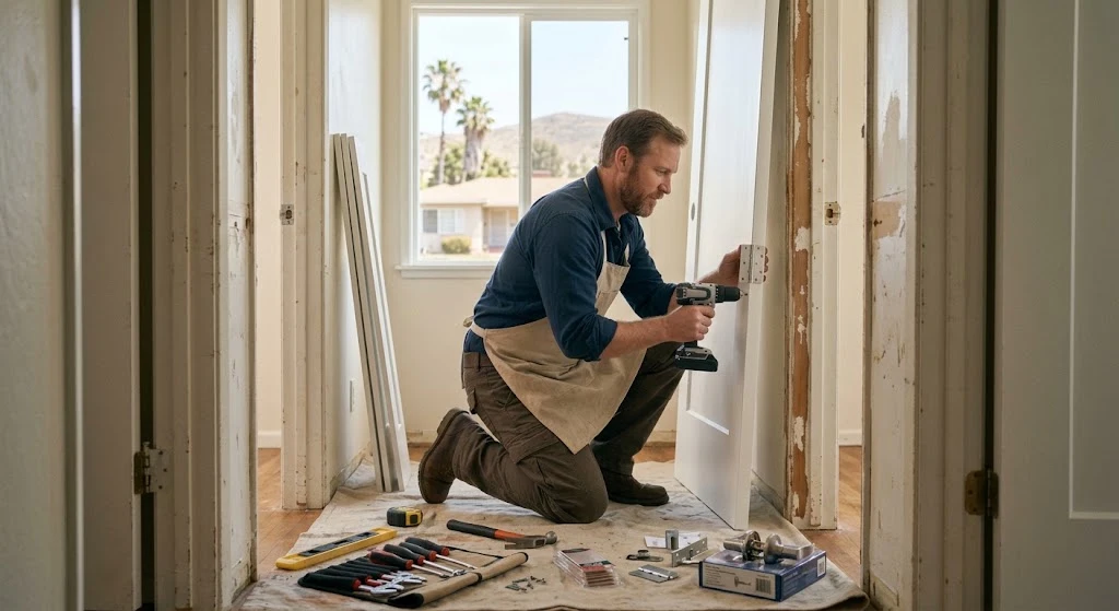 Professional handyman installing a new interior door in a Reseda home