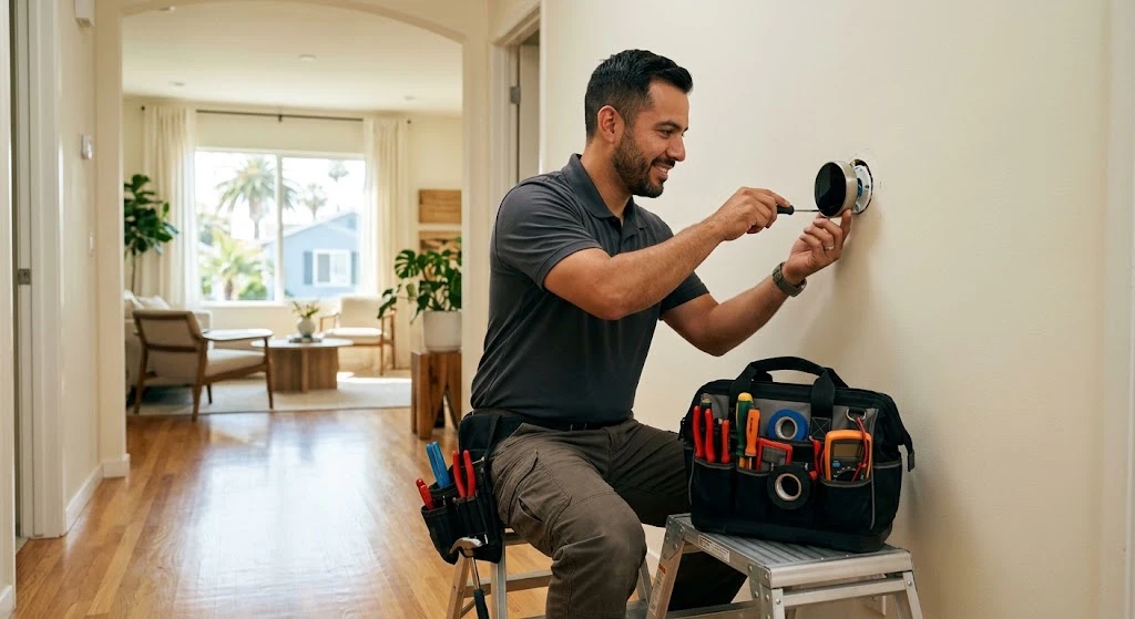 Professional technician installing a smart home device in a Los Angeles home
